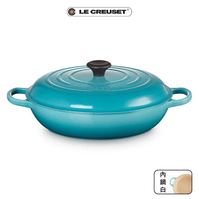 【Le Creuset】典藏琺瑯鑄鐵鍋淺底鍋30cm(加勒比海藍-電木頭-內鍋白)