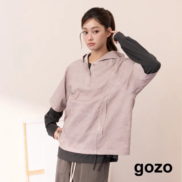 【gozo】半開襟髒染連帽短袖襯衫(粉色/深藍)