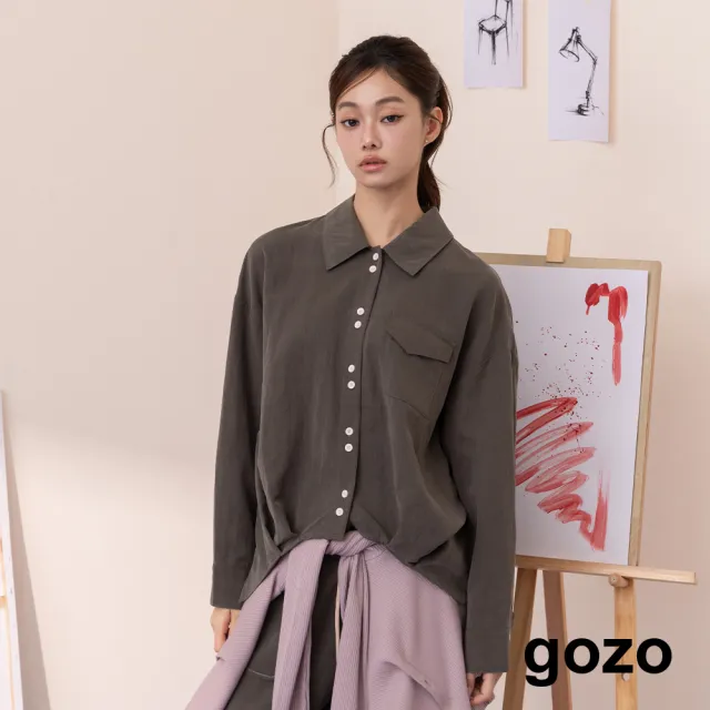 【gozo】雙扣設計前抓摺不對稱襯衫(深咖/粉色)
