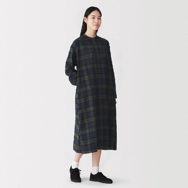 【MUJI 無印良品】女雙面起毛法蘭絨立領長袖洋裝(深綠格紋/暗藍格紋/摩卡棕格紋/深棕格紋)