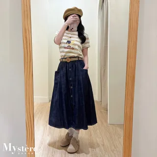 【my stere 我的時尚秘境】雙11 小個子友好☆☆牛仔排釦傘擺中長裙 附腰帶 A字裙 牛仔裙 鬆緊腰長裙 休閒裙
