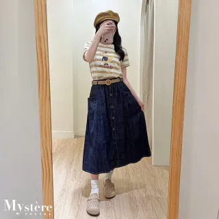 【my stere 我的時尚秘境】雙11 小個子友好☆☆牛仔排釦傘擺中長裙 附腰帶 A字裙 牛仔裙 鬆緊腰長裙 休閒裙