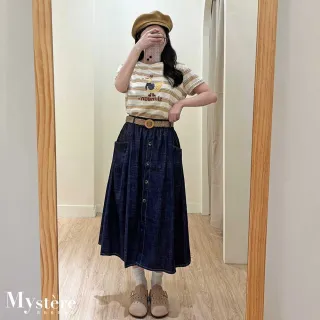 【my stere 我的時尚秘境】雙11 小個子友好☆☆牛仔排釦傘擺中長裙 附腰帶 A字裙 牛仔裙 鬆緊腰長裙 休閒裙
