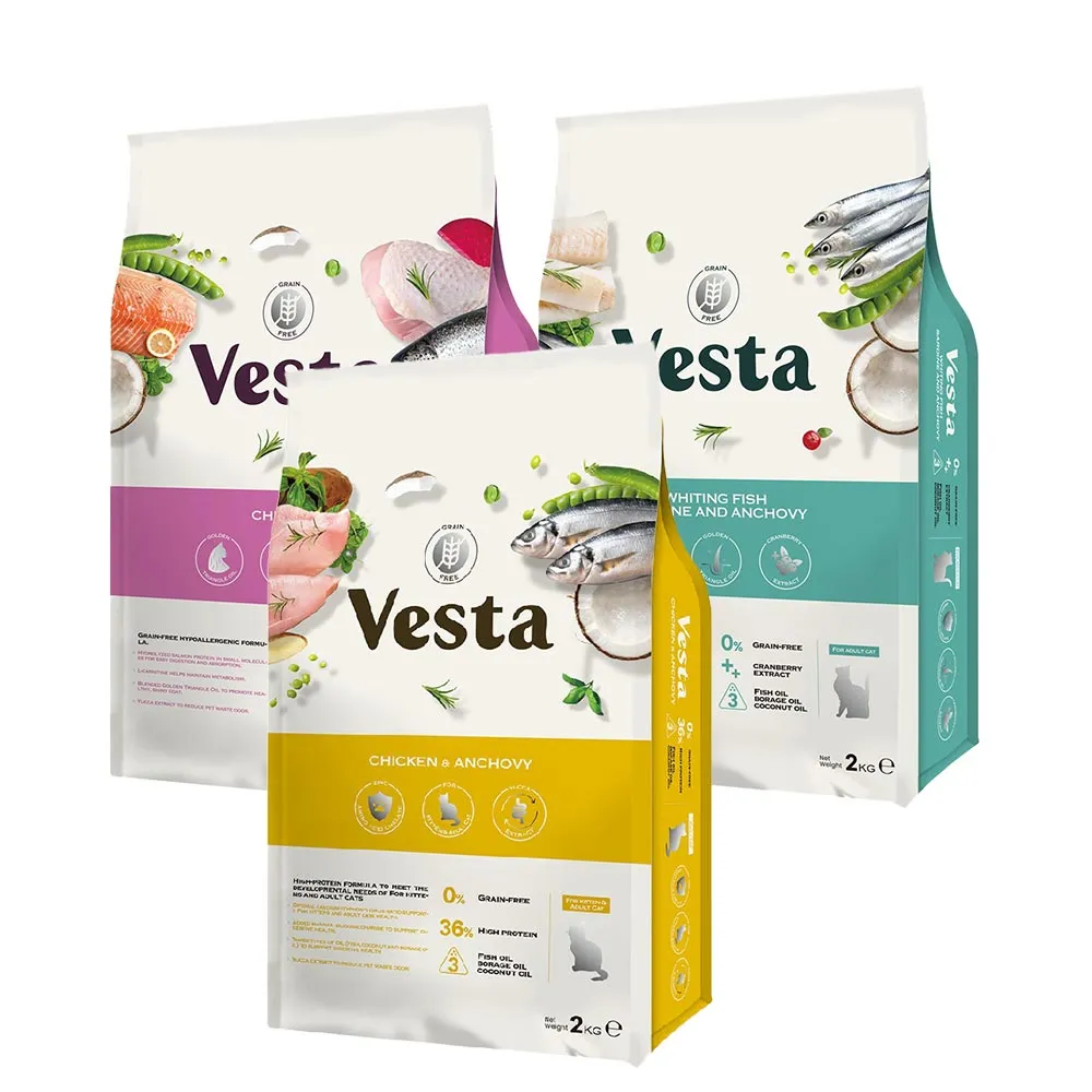 【Vesta 維斯塔】無穀皮毛保健配方 2kg 成幼貓雞+魚/成貓三種魚/老貓雞肉(皮毛保健 無穀 幼貓 成貓 熟齡貓)
