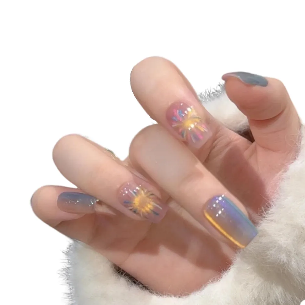 【Paula’s Nail 寶拉美甲】貓眼系列 - 藍漸層煙火短方(穿戴甲 指甲貼 凝膠指甲 美甲貼 指甲貼片)