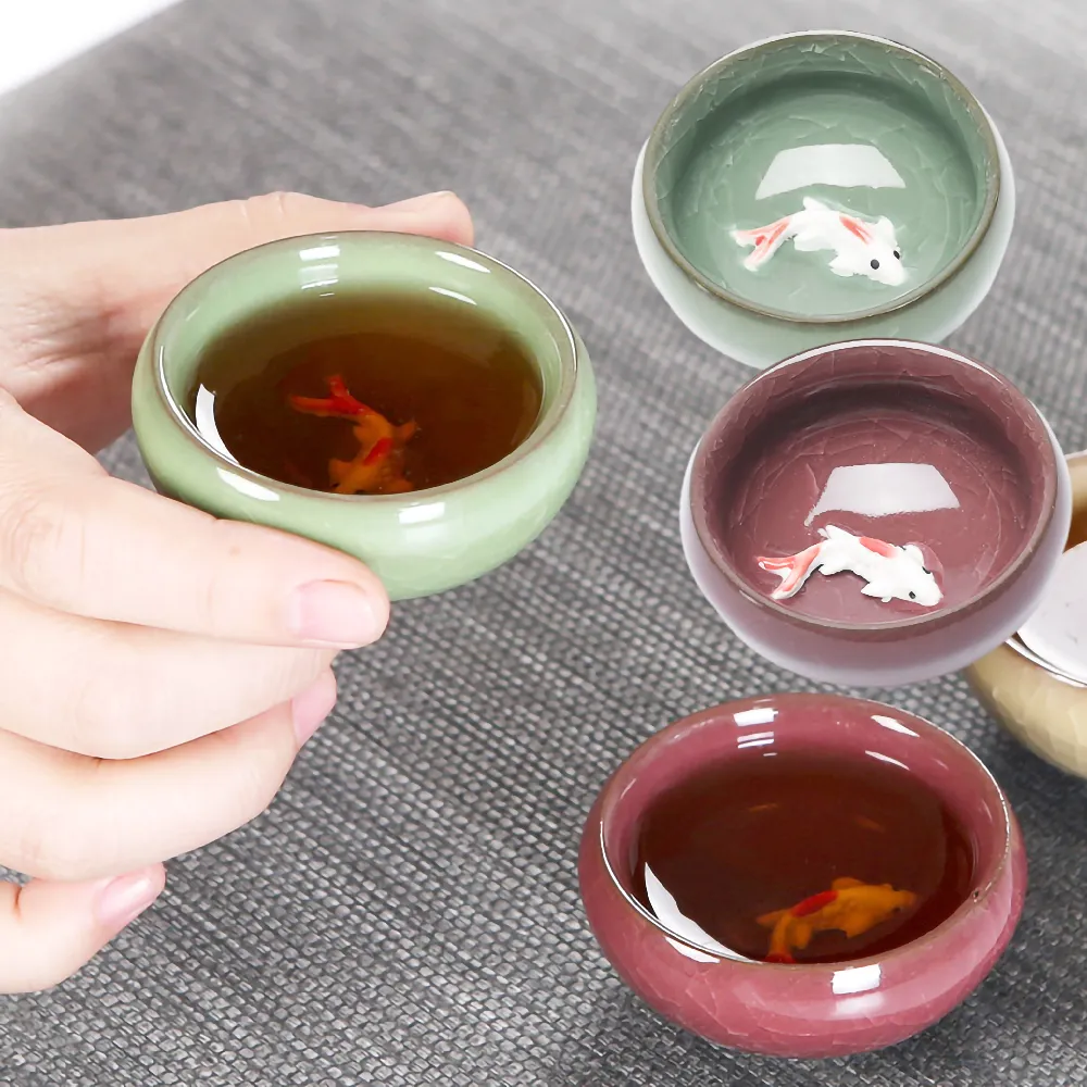 古之茶道】冰裂紋理質感浮雕鯉魚茶杯4入(陶瓷水杯泡茶沖茶露營茶具擺飾