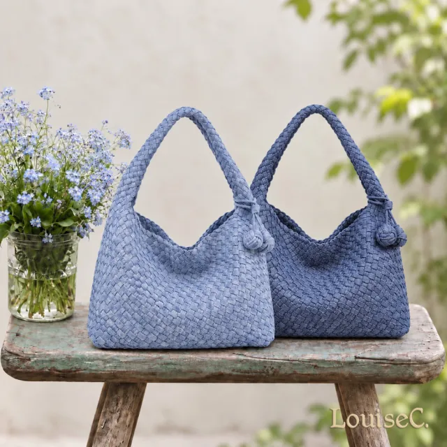 【LouiseC.】雙11 Tree House 丹寧牛仔布 子母包 手工編織托特TOTE 單肩背帶包 5色 附綁繩圓球吊飾 CC24231
