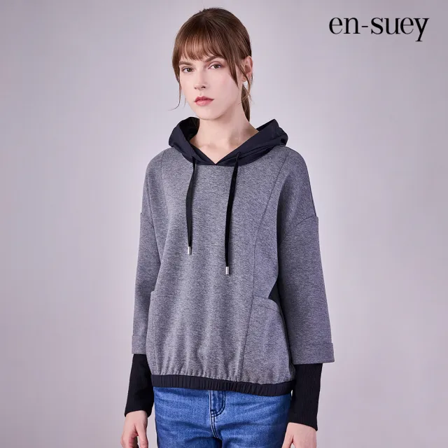 【en-suey 銀穗】假兩件撞色拼接連帽棉T上衣-女