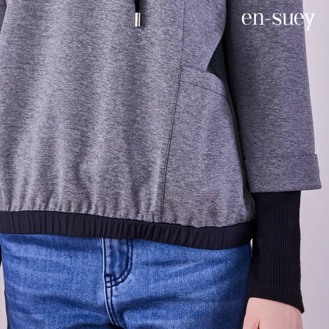 【en-suey 銀穗】假兩件撞色拼接連帽棉T上衣-女