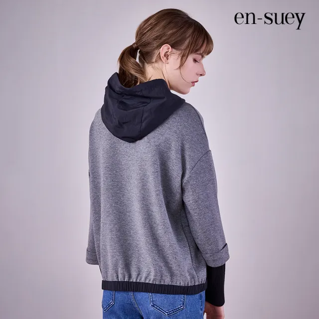 【en-suey 銀穗】假兩件撞色拼接連帽棉T上衣-女