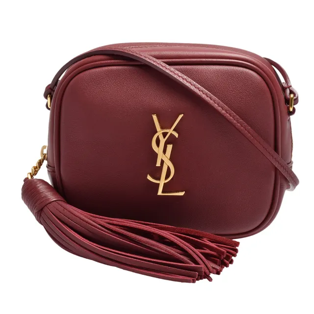 【YSL】經典YSL金屬LOGO小牛皮流蘇墜飾斜背包(迷你-酒紅)