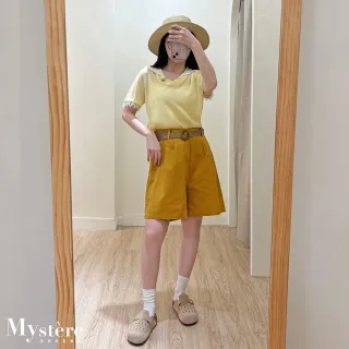 【my stere 我的時尚秘境】雙11 復古棉麻五分短褲 附腰帶 薑黃色 亞麻短褲 腰帶短褲 A字短褲 遮跨短褲