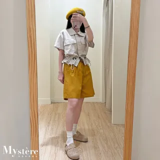 【my stere 我的時尚秘境】雙11 復古棉麻五分短褲 附腰帶 薑黃色 亞麻短褲 腰帶短褲 A字短褲 遮跨短褲
