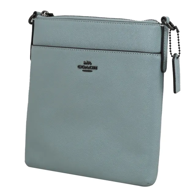 【COACH】簡約經典金屬LOGO素面皮革扁包方包斜背包(灰藍)