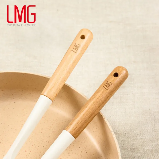 【LMG】櫸木矽膠料理用具三件組-白杏色(料理密鏟+漏鏟+湯勺)