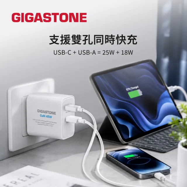 【Gigastone 立達國際】PD/QC3.0 45W雙孔快速充電器PD-6450W(iPhone/手機/平板/快充充電頭)