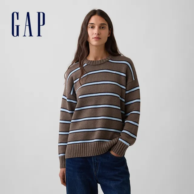 【GAP】100%純棉寬鬆毛衣-棕藍條紋(820732)
