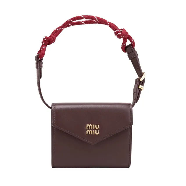 【MIU MIU】MIU MIU 繩索背帶皮革吊飾短夾(深咖啡色)