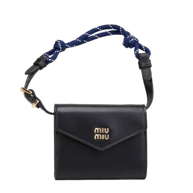 【MIU MIU】MIU MIU 繩索背帶皮革吊飾短夾(黑色)