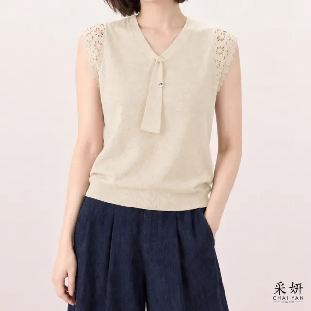 【CHAI YAN 采妍】假領帶拼接針織短袖上衣(秋冬女裝/中大尺碼/針織衫/短袖針織/設計感針織)