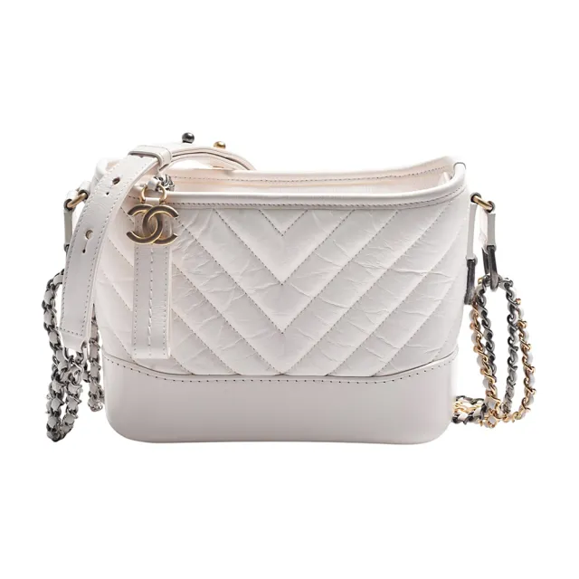 【CHANEL 香奈兒】經典GABRIELLE山形紋揉製小牛皮雙色鍊帶肩/斜背HOBO包(小-白色)