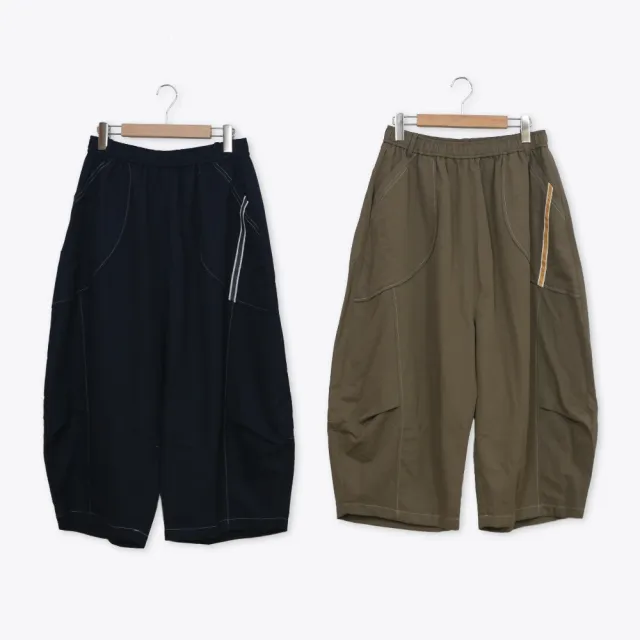【MOSS CLUB】撞色車線織帶裝飾寬鬆七分褲 藍 卡