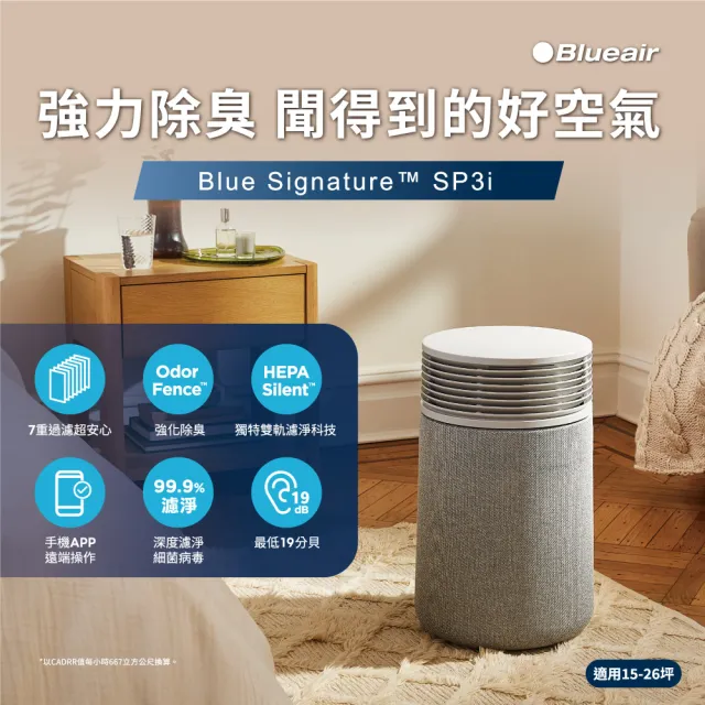 【Blueair】Blue Signature空氣清淨機SP3i-晨曙灰M+替換濾網(適用15-26坪/WiFi智能APP操控)