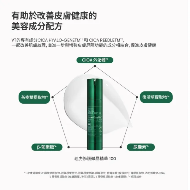 【VT】官方直營 維生素、積雪草、龍血、膠原蛋白、A醇、水活保濕、老虎微晶精華-100晶 50ml