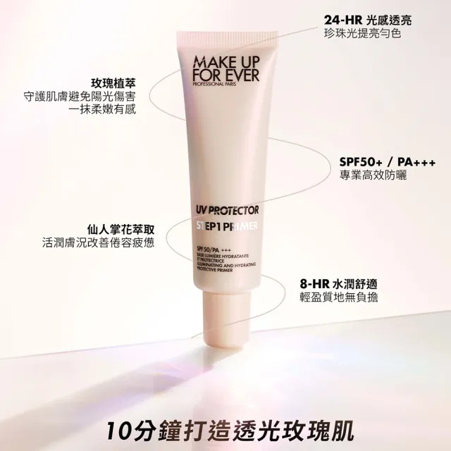 【MAKE UP FOR EVER】持久定妝雙星組(粉無痕光圈蜜粉餅10g+第一步玫瑰水感防曬乳15ml)