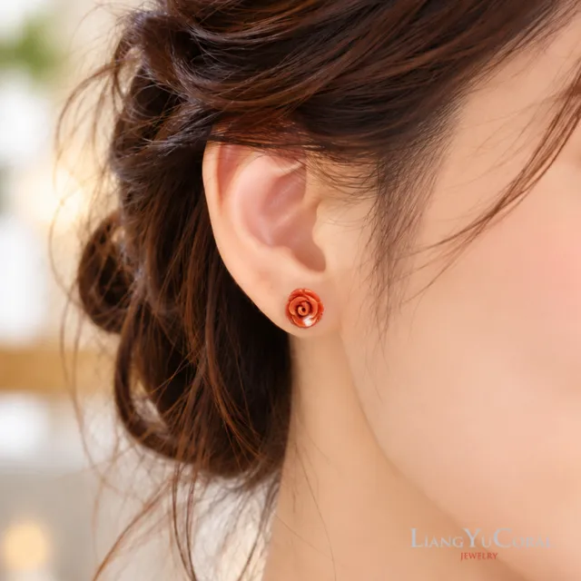 【大東山樑御珊瑚】momo珊瑚玫瑰花耳針(7.5-8.5mm)