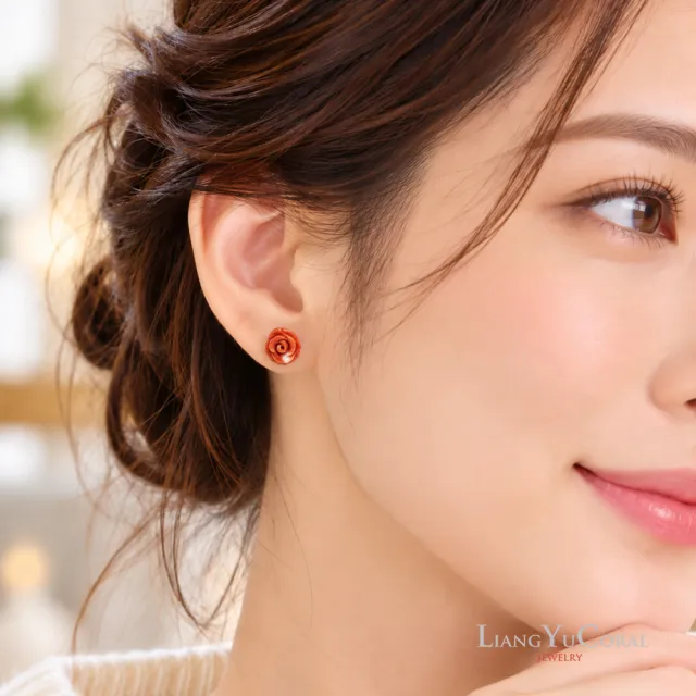 【大東山樑御珊瑚】momo珊瑚玫瑰花耳針(7.5-8.5mm)