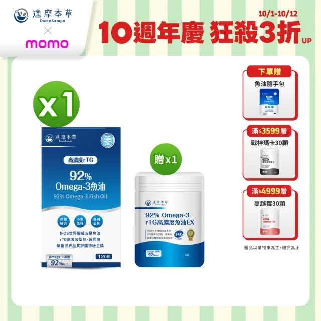 【達摩本草】92% Omega-3 rTG高濃度魚油EX 1入120顆/盒(醫生推薦、金質獎肯定)