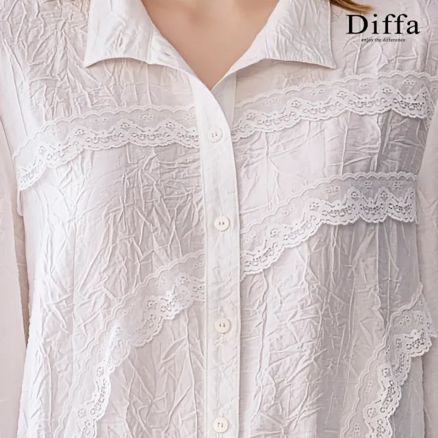 【Diffa】立領壓褶蕾絲拼接抽繩長袖上衣-女