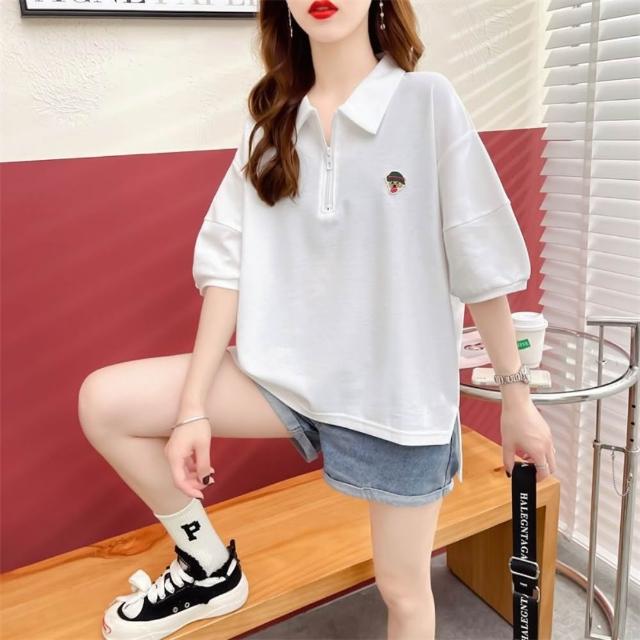 【LANNI 藍尼】★純色寬鬆半拉鍊POLO衫(女裝/短袖上衣/休閒/百搭/日系/通勤)