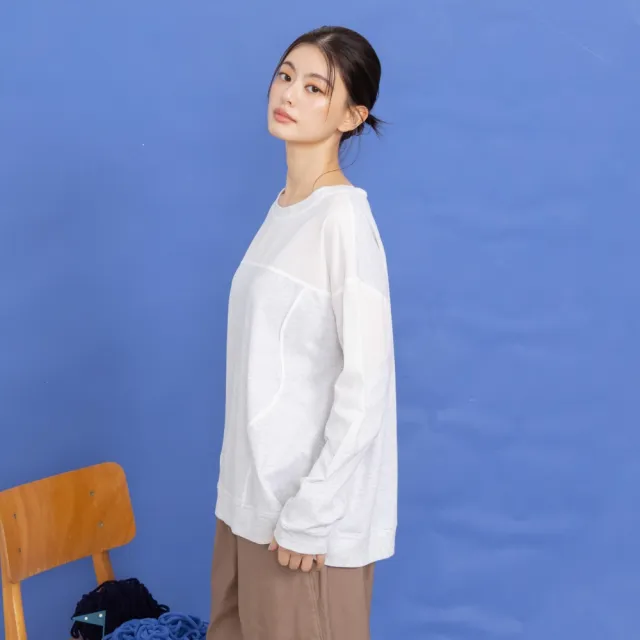 【MOSS CLUB】異材質拼接簡約線條休閒落肩長袖T恤 藍 灰