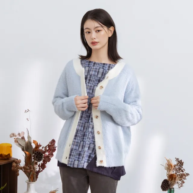【MOSS CLUB】2WAY撞色領邊絨毛針織外套 藍 駝 黃(魅力商品)