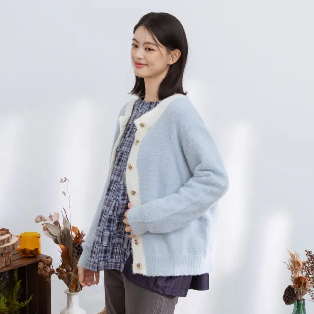 【MOSS CLUB】2WAY撞色領邊絨毛針織外套 藍 駝 黃(魅力商品)
