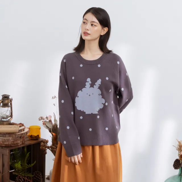 【MOSS CLUB】捲邊兔波卡圓點拉克蘭袖針織上衣 白 灰 黃(魅力商品)
