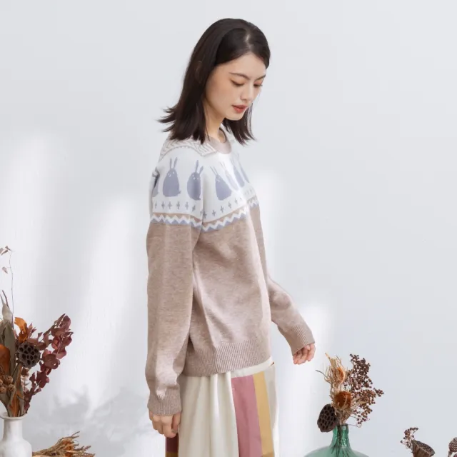 【MOSS CLUB】MOSS兔排列圖紋撞色拼接針織上衣 駝 灰 黃(魅力商品)