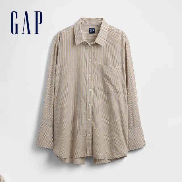【GAP】女裝 純棉翻領長袖襯衫-卡其條紋(776643)