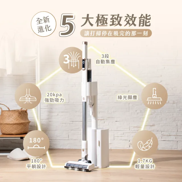 【SANSUI 山水】小白淨|自動集塵無線吸塵器(SVC-P880)綠光顯塵/集塵式/除螨/寵物家庭/強吸力/周年慶