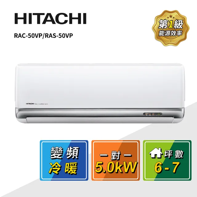 【HITACHI 日立】6-7坪R32豪華一級變頻冷暖5.0kW分離式空調(RAC-50VP/RAS-50VP)