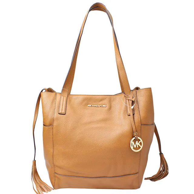【Michael Kors】金色LOGO飾牌皮革流蘇 真皮肩背托特包(大款/駝色)