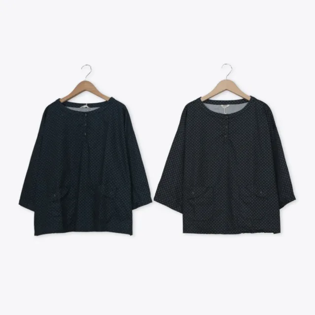 【MOSS CLUB】日本印花布圓領半開襟八分袖上衣 藍 黑