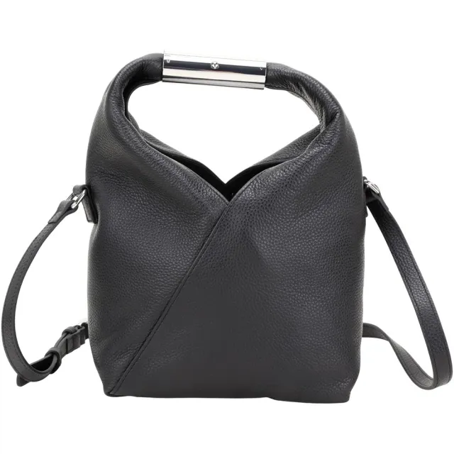 【MM6 MAISON MARGIELA】Japanese 金屬提把 荔紋牛皮手提 斜背托特包(黑色 法國精品)