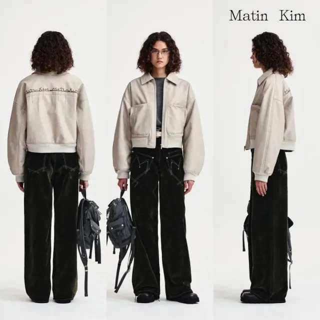 【MATIN KIM】官方旗艦 抽鬚LOGO短版皮革外套 女款(炭灰)