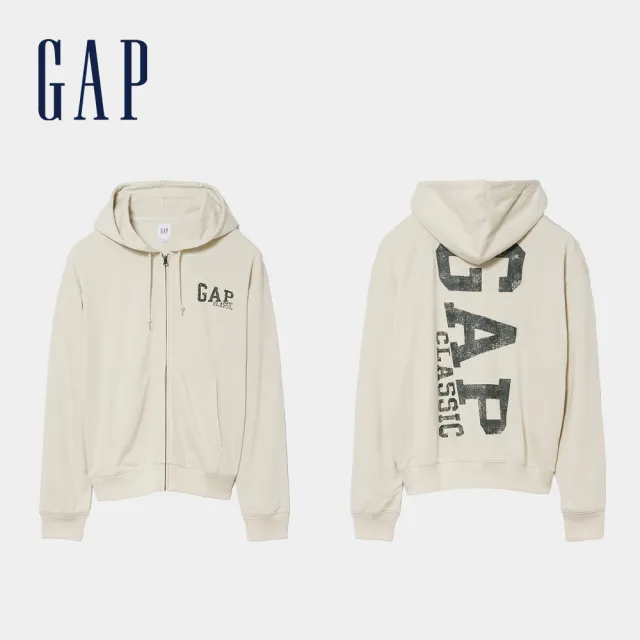 【GAP】寬鬆Gap Logo法式毛圈布拉鍊連帽外套-多色任選(907375)