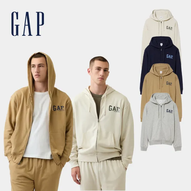 【GAP】寬鬆Gap Logo法式毛圈布拉鍊連帽外套-多色任選(907375)