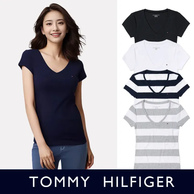 【TOMMY HILFIGER】TOMMY 經典V領刺繡小LOGO素面短袖T恤-女-多色選(平輸品/素T/短T)