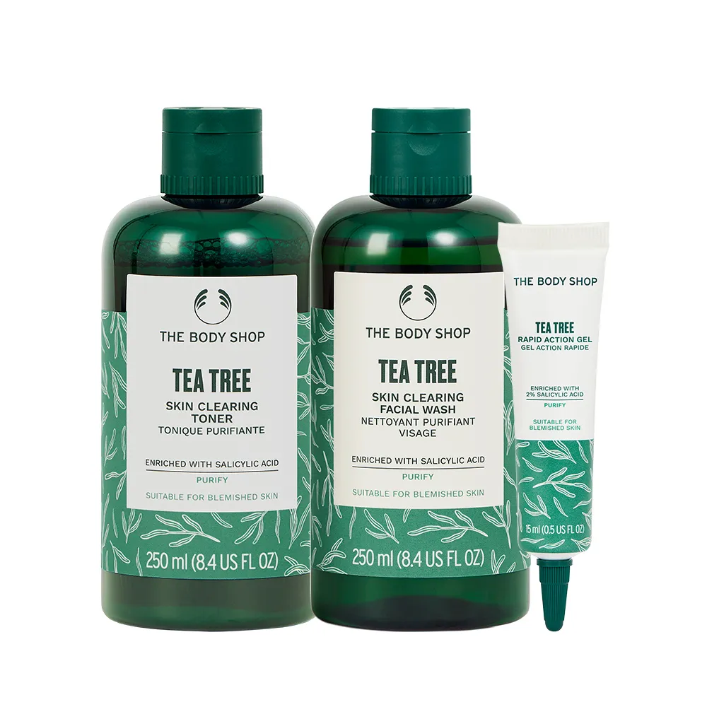 【THE BODY SHOP 美體小舖】茶樹清爽調理組(潔面膠250ML+調理水250ML+修復凝膠15ML)
